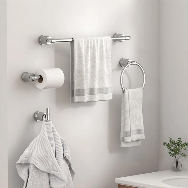 Bathroom Accessories Set 4-pack,Towel Ring,Towel Bar,Toilet Paper Holder,Robe Hook Zinc Alloy in Chrome