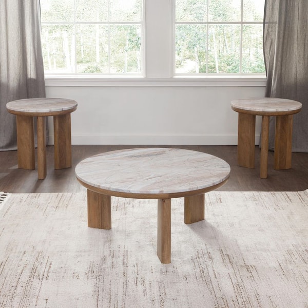 Sidney 36 in. Brown Marble Round Coffee Table with 2 End Tables