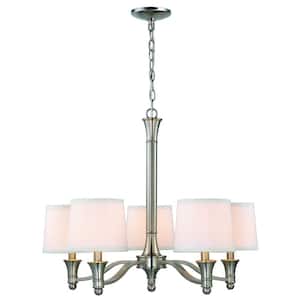 5-Light Brushed Nickel Chandelier with White Fabric Shades