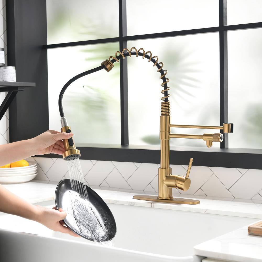 Brushed Gold Commercial Pull-Down Kitchen Faucet with Spray