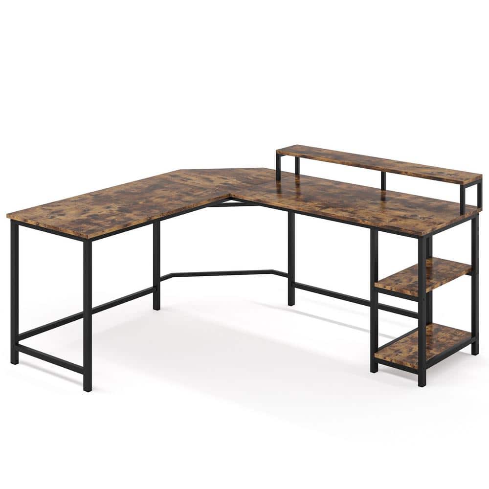 BYBLIGHT Lanita 34 in. L Shaped Rustic Brown Wood Computer Desk with ...