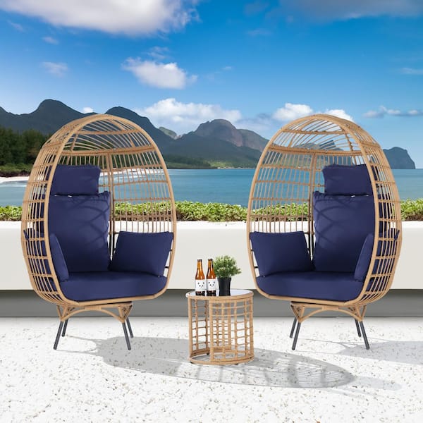 BFB 3-Piece Patio Wicker Swivel Lounge Outdoor Bistro Set with Side Table, Navy Blue Cushions