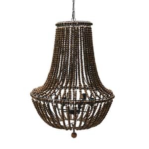6-Light Brown Draped Chandelier with Wood Bead Shade