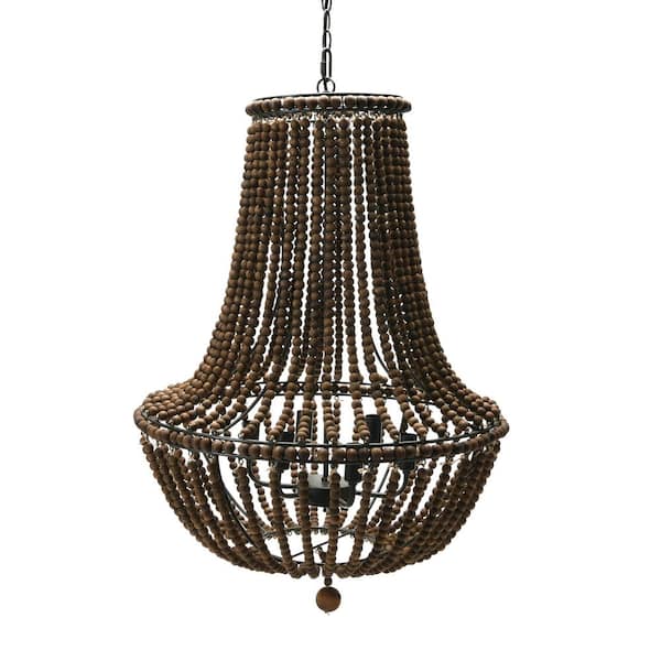 6-Light Brown Draped Chandelier with Wood Bead Shade