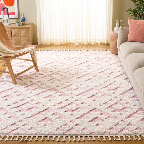 Moroccan Tassel Shag 9 ft. x 12 ft. Ivory/Pink High-Low Geometric Fringe Area Rug