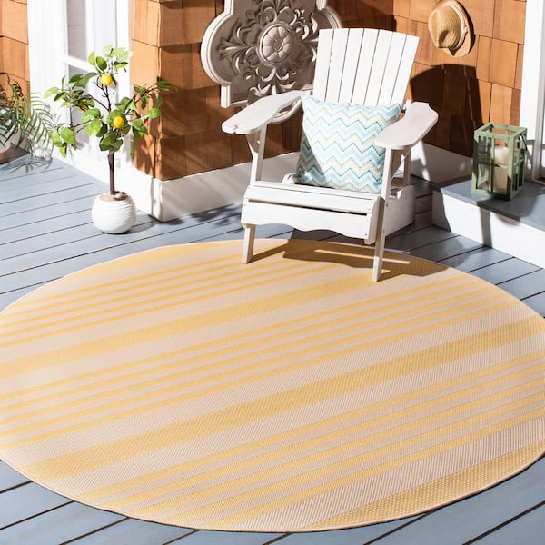 Courtyard Gold/Beige 7 ft. x 7 ft. Striped Indoor/Outdoor Round Area Rug
