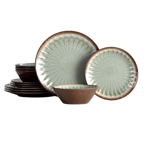 12-Piece Sage Green Melamine Dinnerware Sets (Service for 4), Outdoor Use Harvest Dinner Dishes Set, Unbreakable