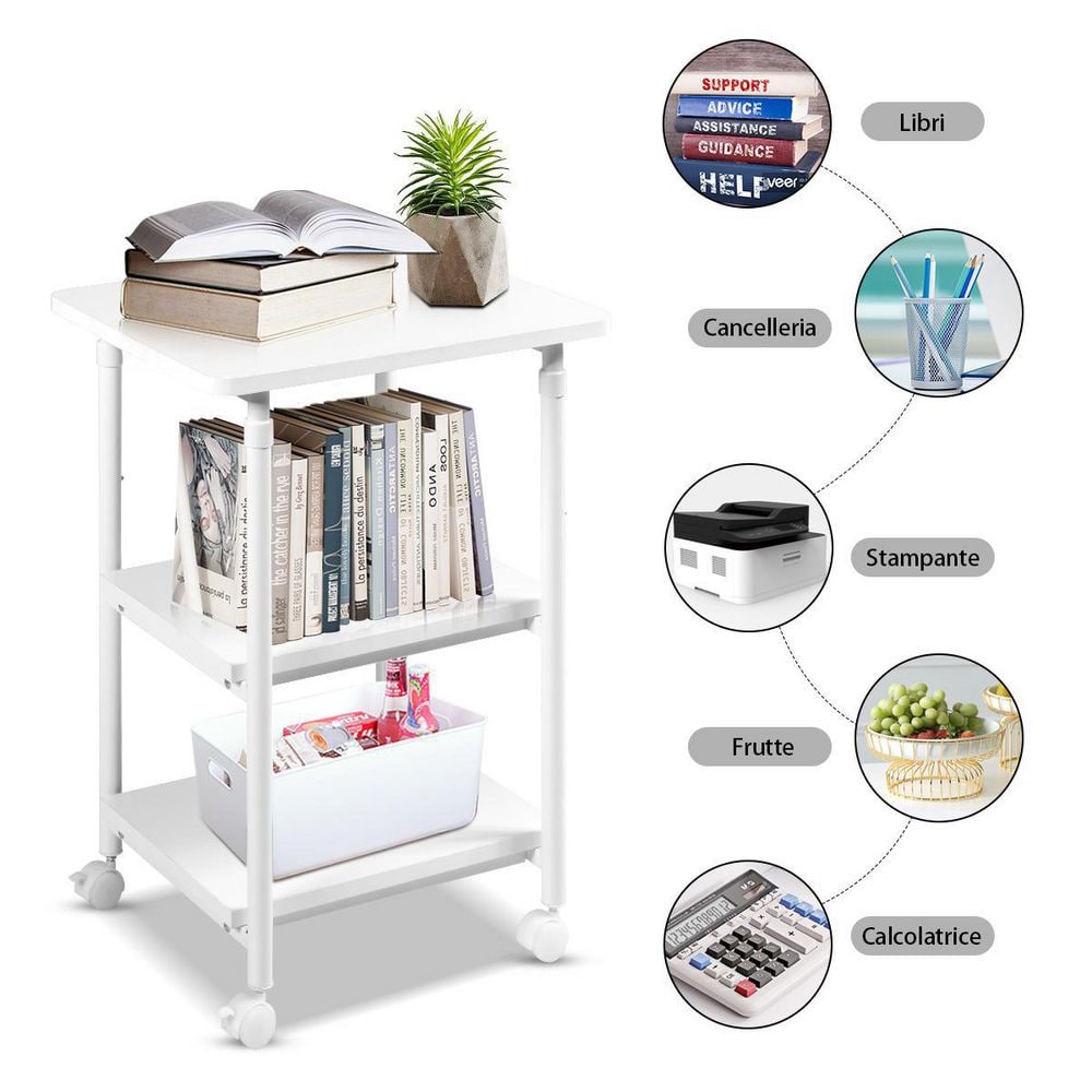 White Adjustable 3-Tier Rolling Printer Cart with Storage Shelves