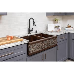 All-in-One Copper 33 in. 60/40 Double Bowl Kitchen Farmhouse Apron Front Scroll Sink with Faucet in ORB and NI