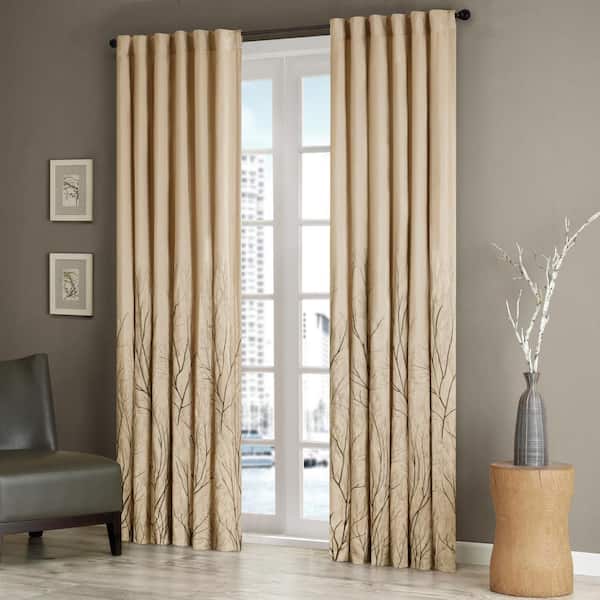 Eliza Tan Botanical Polyester 50 in. W x 84 in. L Room Darkening Rod Pocket and Back Tabs Curtain with Lining