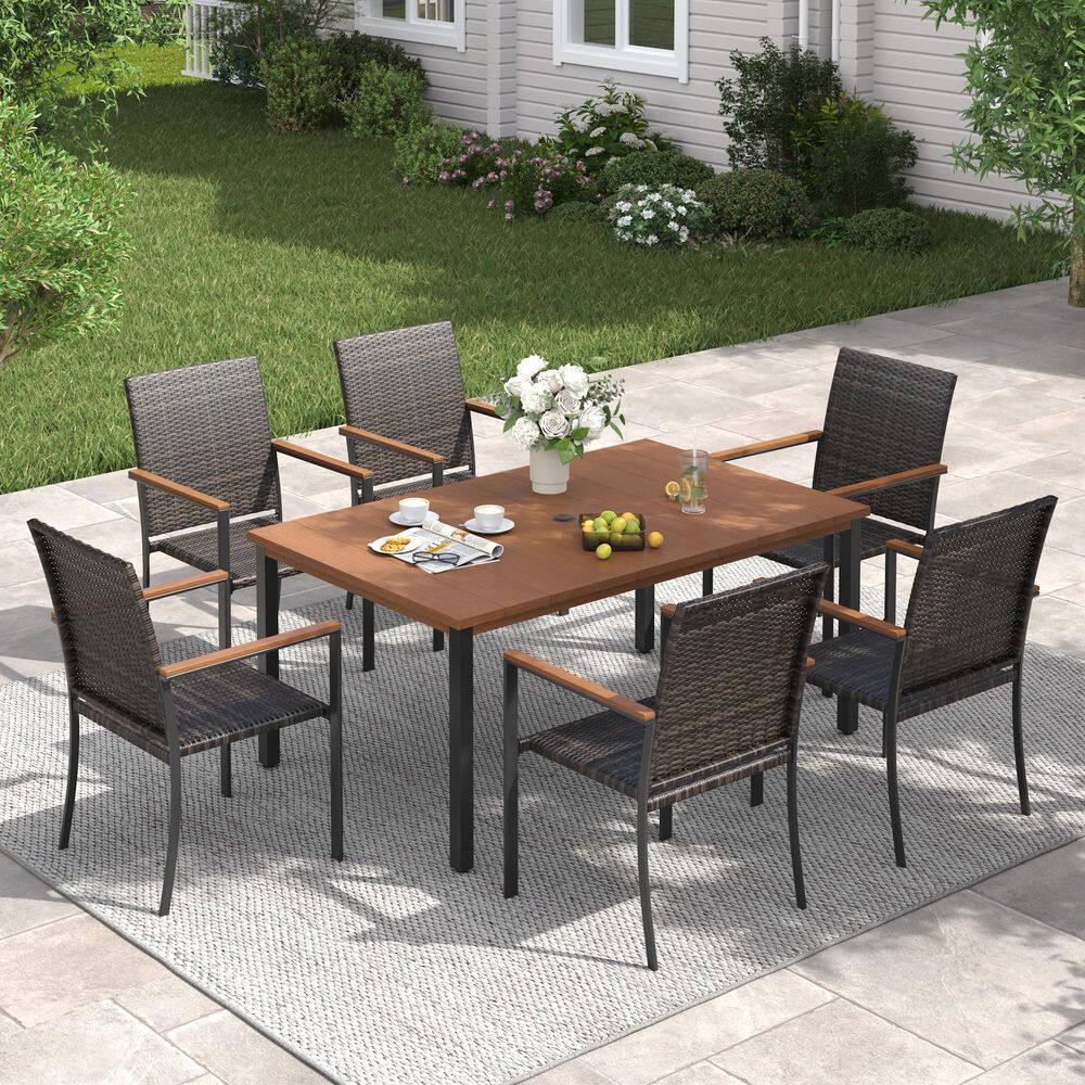 7-Piece Metal Outdoor Dining Set with 63 in. Walnut Rectangular Dining Table and 6 Brown Wicker Stackable Dining Chairs