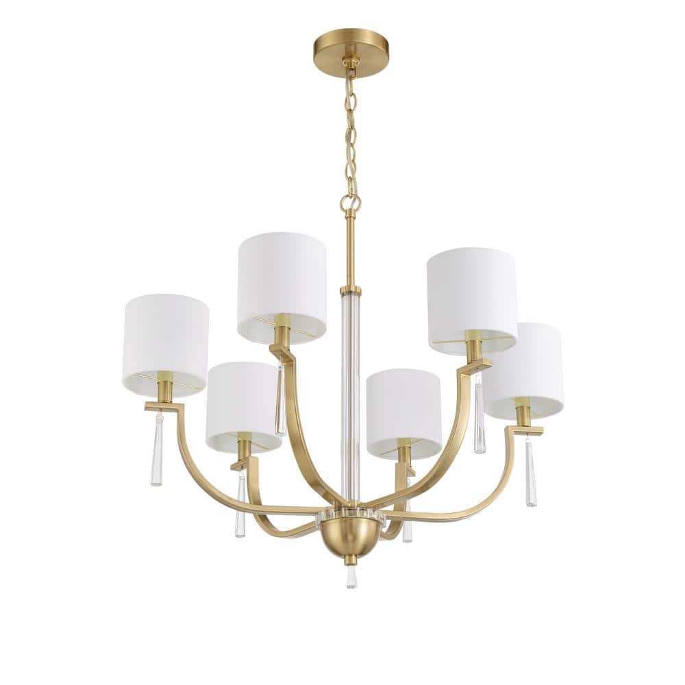 Fortuna Satin Brass 6-Light Chandelier with White Linen Shades