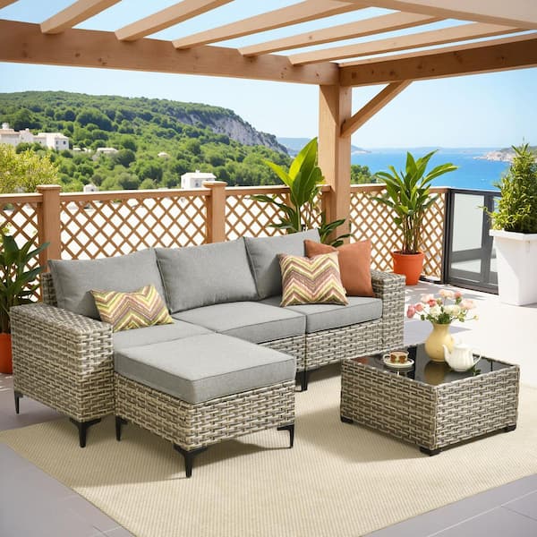 5-Piece Gray Wicker Outdoor Sectional Set Patio Conversation Seating Sofa Set with Dark Gray Cushion for Backyard