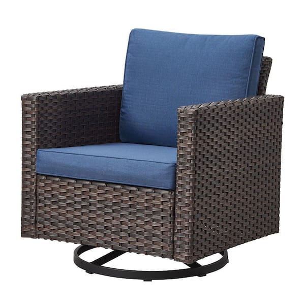 Patio Brwon Wicker Outdoor Rocking Swivel Chair Glider with Blue Cushions