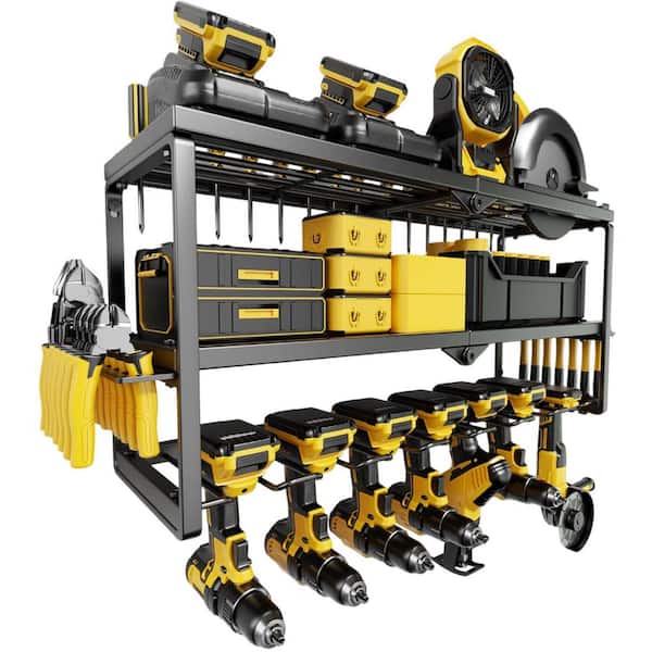 Heavy Duty 26 in. Black Steel Extra Large 7-Drill Holder Organizer with Side Hangers Wall Rack for Garage Storage