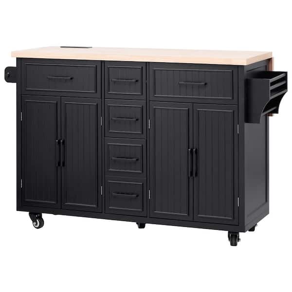 Tatahance Black Wood 56.5 in. W Rolling Kitchen Island with Drop Leaf, Power Outlet and 5 Deep Drawers