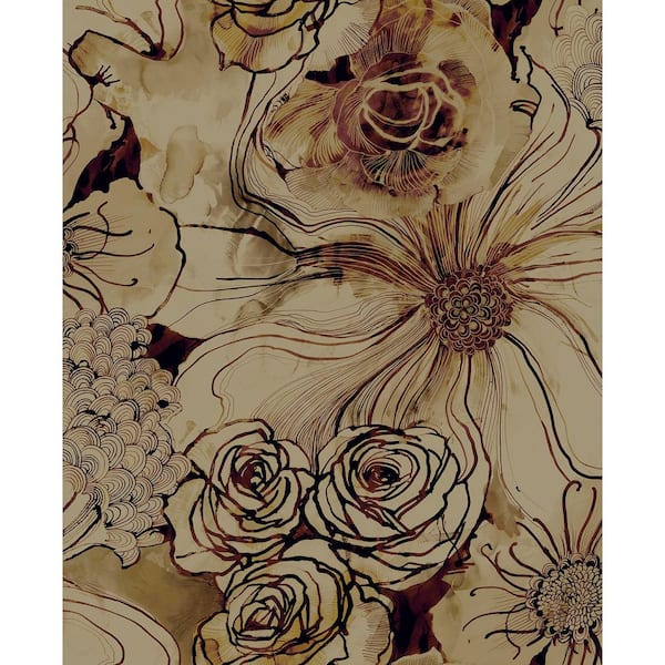 30.75 sq. ft. Metallic Bronze and Wine Ink Rose Vinyl Peel and Stick Wallpaper Roll