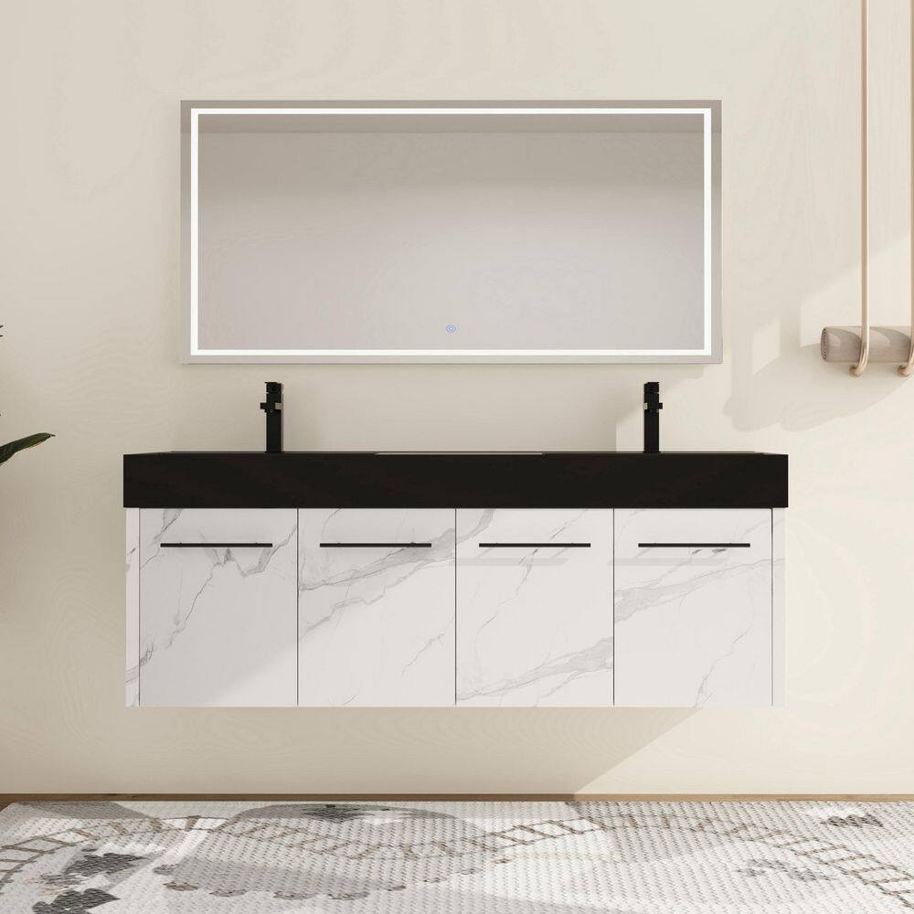 59.1 in. W x 18.1 in. D x 22.4 in. H Wall Mounted Double CarraraWhite+White Bath Vanity with Black Resin Top price history on PriceWatchPro