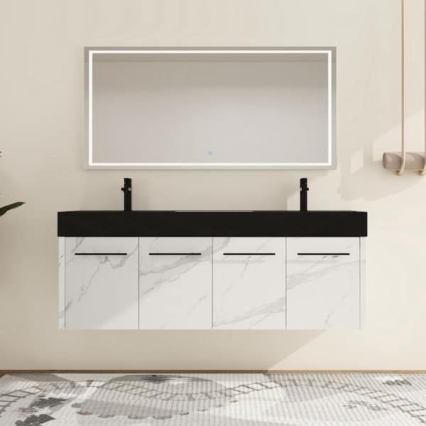 59.1 in. W x 18.1 in. D x 22.4 in. H Wall Mounted Double CarraraWhite+White Bath Vanity with Black Resin Top