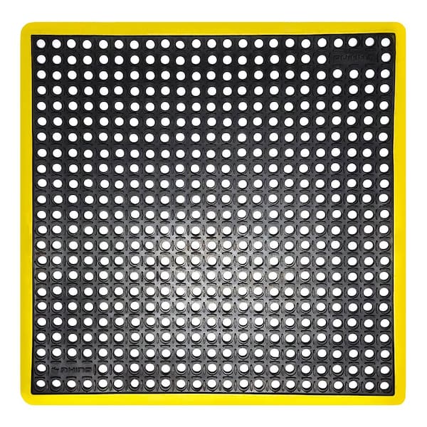 RHINO MATS K-Series Safety Tract Black/Yellow 36 in. x 36 in. x 3/4 in. Anti-Fatigue Drainage Rubber Non-Slip Grease-Resistant Mat