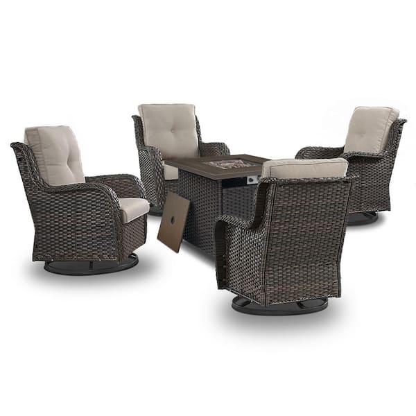 Pocassy 5 Piece Brown Wicker Patio Rocking Chairs for 4 with 30 Inch Gas Propane Fire Pit Table Outdoor Rocking Chair Sets Beige