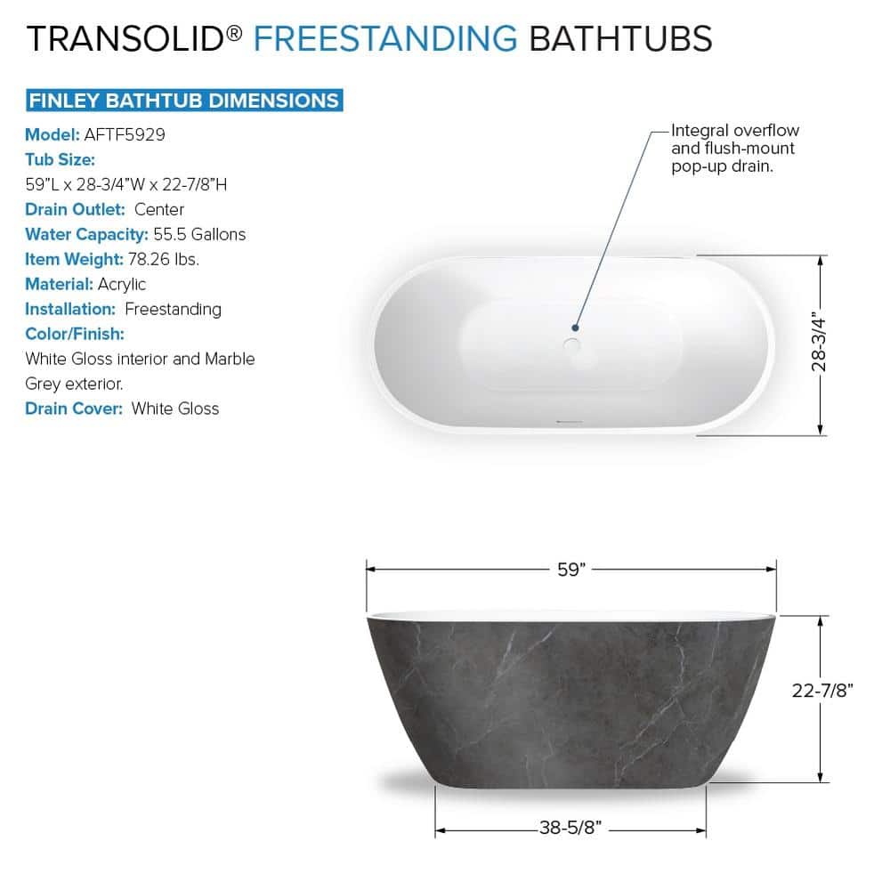 Finley 59" Marble Gray and White Acrylic Freestanding Soaking Tub