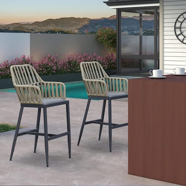 PURPLE LEAF Modern Aluminum Outdoor Bar Stool PE Rattan Baroque Bar Stool with Backrest and Cushion (Set of 2)