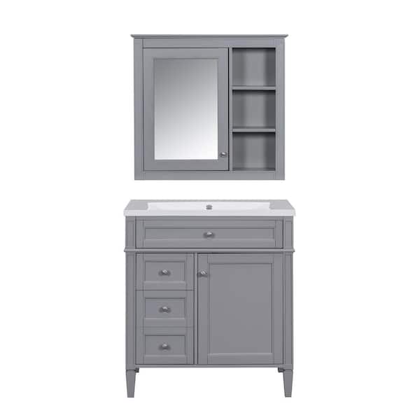 30 in. W x 18 in. D x 33 in. H Single Sink Bath Vanity in Gray with White Resin Top, Right Door and Mirror Cabinet