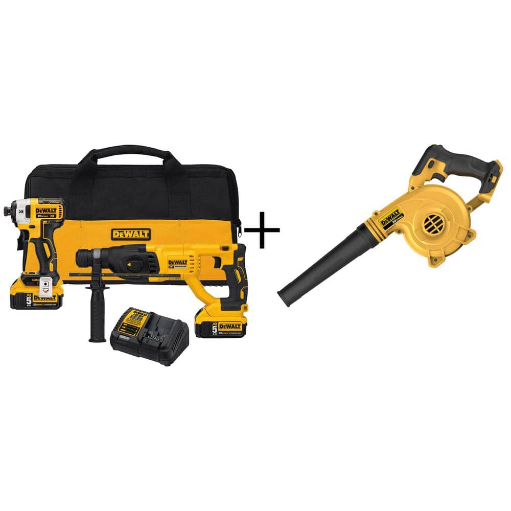 DEWALT 20V MAX XR Cordless Impact Driver/Rotary Hammer 2 Tool Combo Kit, 20V MAX Jobsite Blower, (2) 20V 5.0Ah Batteries