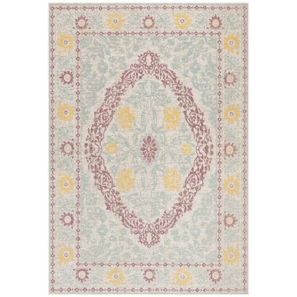 Montage Beige/Fuchsia 5 ft. x 8 ft. Traditional Distressed Medallion Indoor/Outdoor Area Rug