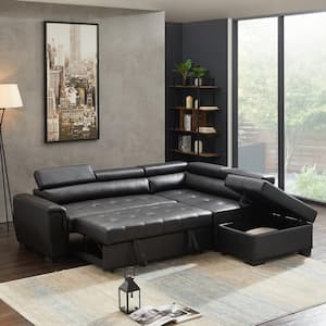 95 in. W Square Arm 3-piece Faux Leather L Shaped Convertible Sectional Sofa in Black with Storge