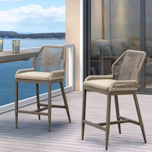 Modern Aluminum Twill Wicker Woven Counter Height Outdoor Bar Stool with Back and Sunbrella Khaki Cushion (2-Pack)