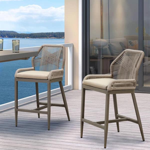 PURPLE LEAF Modern Aluminum Twill Wicker Woven Counter Height Outdoor Bar Stool with Back and Sunbrella Khaki Cushion (2-Pack)