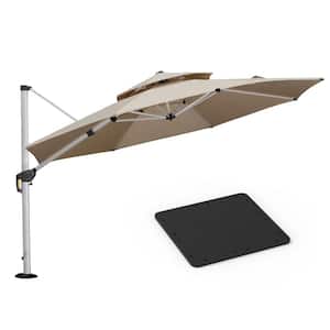 12 ft. Octagon High-Quality Aluminum Polyester Outdoor Patio Umbrella Cantilever Umbrella with Base Plate, Beige