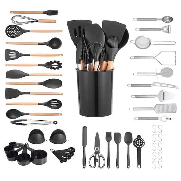 Generic 50-Piece 428°F Heat Resistant, Silicone, Wooden Handle, with Holder Black Kitchen Cooking Utensils Set