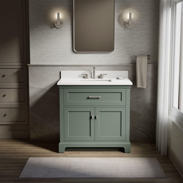 Charlemont 36.97 in. Freestanding Umbral Green Bath Vanity with White Quartz Top