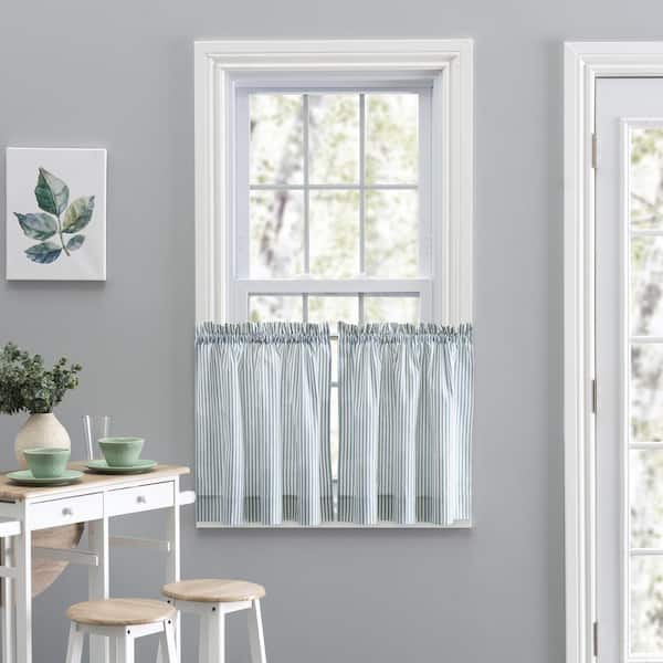 Ellis Curtain Plaza Stripe Blue Polyester/Cotton Light Filtering Tailored Tiers - 56 in. W x 24 in. L