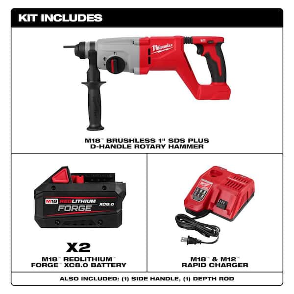M18 18V Lithium-Ion Brushless Cordless 1 in. SDS-Plus D-Handle Rotary Hammer w/ (2) FORGE 8.0 Ah Batteries & Charger