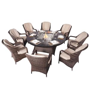 ELLE Brown 9-Piece Wicker Patio Conversation Fire Pit Set with Beige Cushions