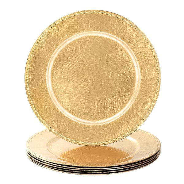 13 in. Plastic Round Chargers, Foil Gold Charger Plates with Beaded for Dinner Plate Table Setting (Set of 6)