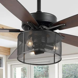 Max 52 in. 3-Light Farmhouse Industrial Iron/Wood Mobile-App/Remote-Controlled LED Ceiling Fan, Black/Dark Walnut