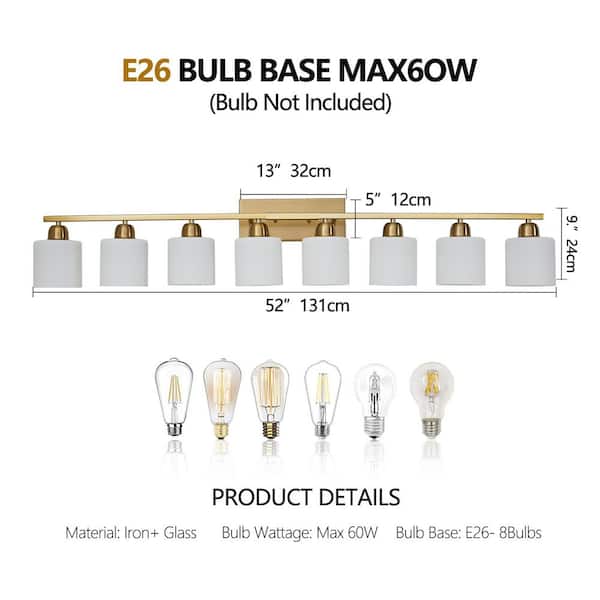 51.57 in. 8-Lights Gold LED Vanity Light Bar Modern Wall Sconce Lamp with Crystal Shade for Bathroom and Mirror