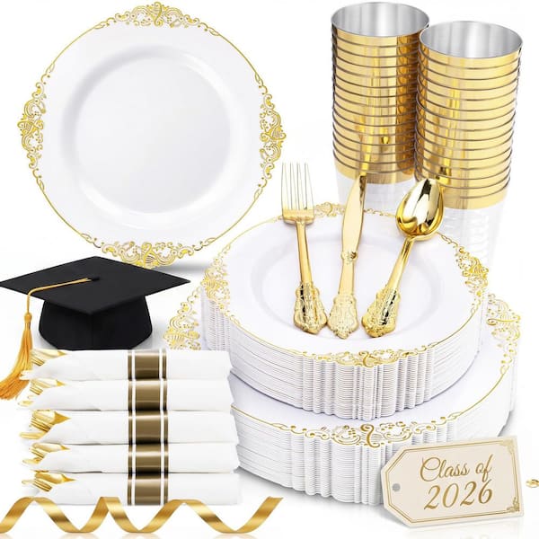 350-Piece Plastic Dinnerware Sets with 100 Disposable Plates, 150 Silverware, 50 Cups, 50 Napkins for 50 Guests