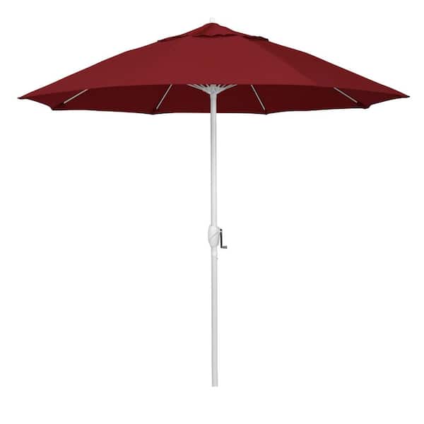 California Umbrella 9 ft. Matted White Aluminum Market Patio Umbrella Fiberglass Ribs and Auto Tilt in Red Olefin