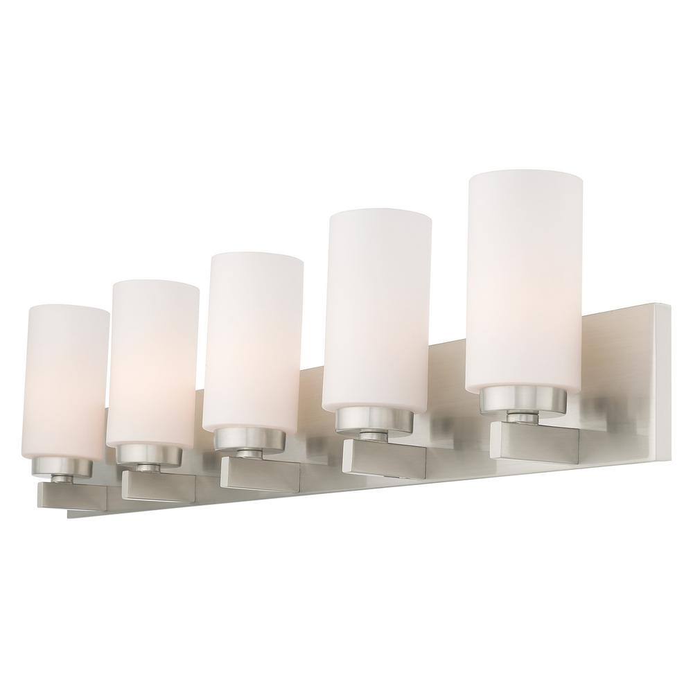 Brushed Nickel 5-Light Bath Vanity with Satin Opal Glass