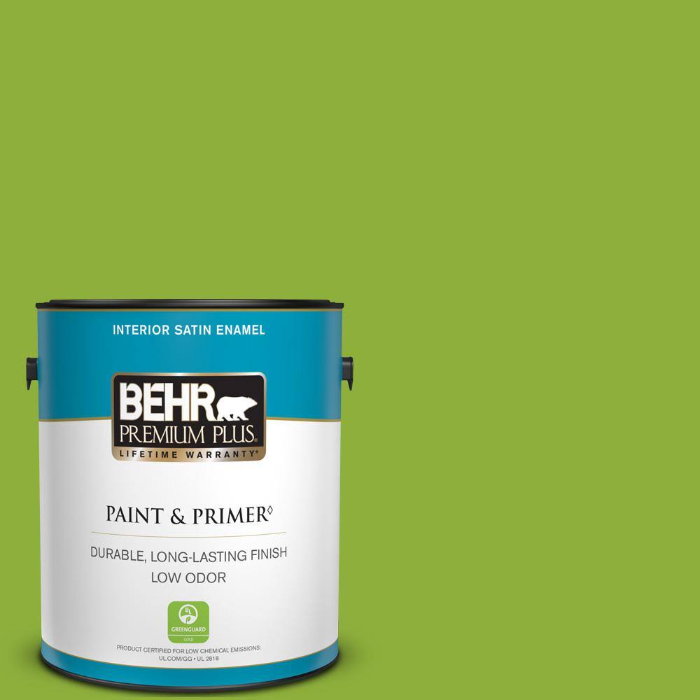 BEHR PREMIUM PLUS 1 gal. 420B6 New Green Satin Enamel Low Odor Interior Paint & Primer 730001