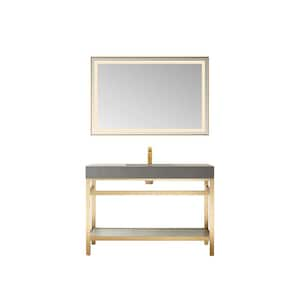 Funes 48 in. W x 22 in. D x 34 in. H Single Sink Bath Vanity in Brushed Gold with Grey Natural Stone Top and Mirror