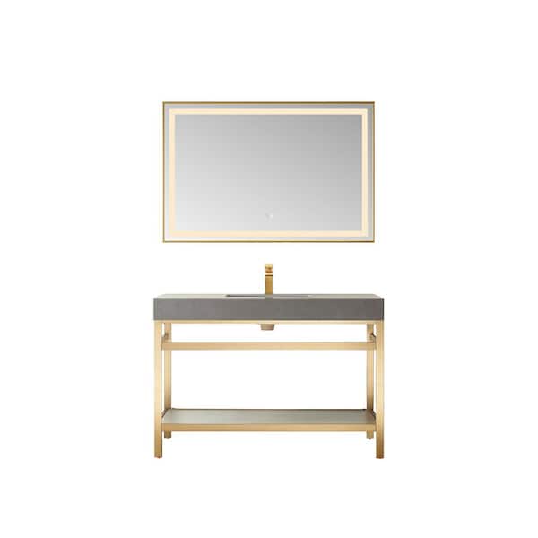 ROSWELL Funes 48 in. W x 22 in. D x 34 in. H Single Sink Bath Vanity in Brushed Gold with Grey Natural Stone Top and Mirror