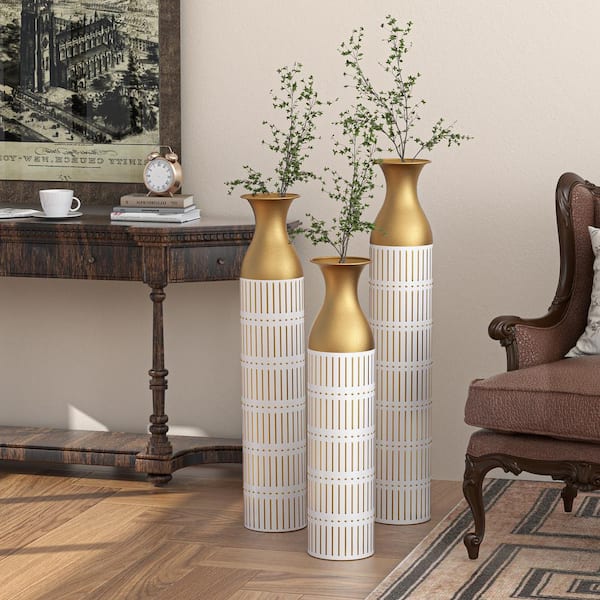 LORDEAR Floor Metal Vases Decorated White Metal Vases Set of 3