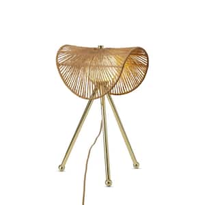 Sovev 19.37 in. Polished Brass Bohemian Dimmable Tripod Table Lamp With Frosted Globe and Rattan Shade for Living Room